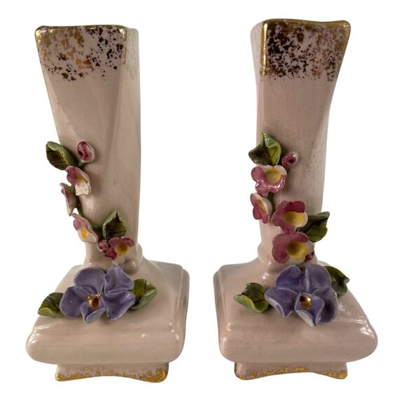 Darvill Pottery Other - Vintage 1950s Set of 2 Pink/Gold Bud Vases w/ Applied Flowers Darvill LA Cali